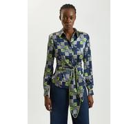 Karen Millen Women's Petite Geo Print Hammered Satin Tie Waist Woven Shirt in Navy | Size: 14