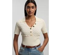 Karen Millen Women's Petite Knit Stitch Detail Rib Collared Short Sleeve Top in Cream | Size: XS