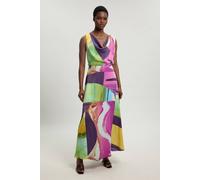 Karen Millen Women's Petite Pink Abstract Twist Shoulder Satin Viscose Midi Dress | Size: 6