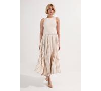Karen Millen Women's Petite Premium Woven Stripe Tailored Pleated Midi Skirt in Pink | Size: 8