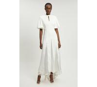 Karen Millen Women's Petite Satin Contrast Detail Woven Midi Dress in Ivory | Size: 8