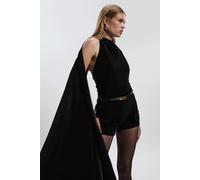 Karen Millen Women's Petite Stretch Velvet High Neck Cape Shoulder Bodysuit in Black | Size: Large