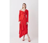 Karen Millen Women's Petite Tailored Crepe Asymmetric Pleated Midi Dress in Red | Size: 4