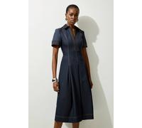 Karen Millen Women's Petite Tailored Denim Full Skirted Midi Shirt Dress in Indigo | Size: 4