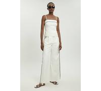 Karen Millen Women's Petite Tailored Linen Blend Contrast Stitch Straight Leg Trouser in Ivory | Size: 6