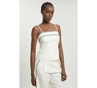 Karen Millen Women's Petite Tailored Linen Blend Contrast Stitch Top in Ivory | Size: 10