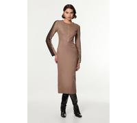 Karen Millen Women's Petite Tailored Twill Lace Mix Zip Front Midi Dress in Taupe | Size: 4
