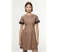Karen Millen Women's Petite Tailored Twill Lace Mix Zip Front Mini Dress in Taupe | Size: 6