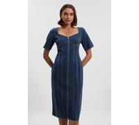 Karen Millen Women's Petite Tencel Cotton Contrast Stitch Zip Front Woven Midi Dress in Navy | Size: 6