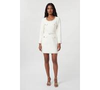 Karen Millen Women's Petite Tweed Embellished Trim Tailored Belted Mini Dress in Cream | Size: 8