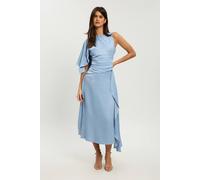 Karen Millen Women's Petite Viscose Drape Satin Midi Dress in Pale Blue | Size: 14