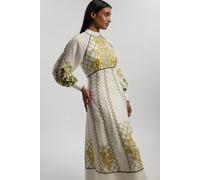 Karen Millen Women's Petite Voile Embroidered Cutwork Balloon Sleeve Woven Maxi Dress in Ivory | Size: 12