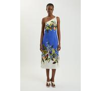 Karen Millen Women's Placement Print Linen Viscose One Shoulder Midi Dress in Blue | Size: 10
