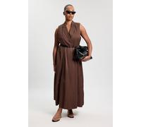 Karen Millen Women's Plus Size Premium Viscose Linen Tailored Belted Full Skirted Midi Dress in Chocolate | Size: 24