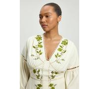 Karen Millen Women's Plus Size Rose Embroidered Cotton Twill Woven Long Sleeve Maxi Dress in Ivory | Size: 18