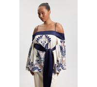 Karen Millen Women's Plus Size Scarf Print Belted Woven Bardot Top in Ivory | Size: 24