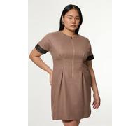 Karen Millen Women's Plus Size Tailored Twill Lace Mix Zip Front Mini Dress in Taupe | Size: 24