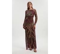 Karen Millen Women's Premium Mirrored Crystal Embellished Woven Long Sleeve Column Dress in Red | Size: 6