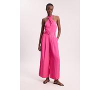 Karen Millen Women's Premium Viscose Linen Cross Front Halter Belted Woven Wide Leg Jumpsuit in Hot Pink | Size: 8