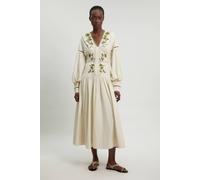 Karen Millen Women's Rose Embroidered Cotton Twill Woven Long Sleeve Maxi Dress in Ivory | Size: 8