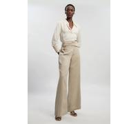 Karen Millen Women's Tailored Linen Button Front Wide Leg Trouser in Stone | Size: 12