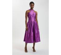 Karen Millen Women's Tailored Satin Cutwork Halter Midi Dress in Pink | Size: 18