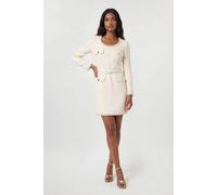 Karen Millen Women's Tweed Embellished Trim Tailored Belted Mini Dress in Cream | Size: 8