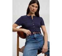 Karen Millen Women's Viscose Rib Button Up Crew Neck T-Shirt in Navy | Size: Large