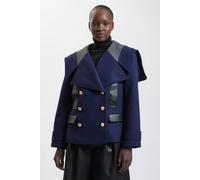 Karen Millen Women's Wool & Faux Leather Mix Pea Coat in Navy | Size: 6