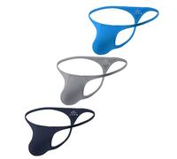 KAREN SPACE 3 Pack Men's Thong Bikini Underwear, Men's Sexy G-String T-Back Underwear Low Rise, Blue/Grey/RoyalBlue, L