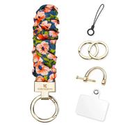 KARENSEKEYS Scrunchie Keychain Wristlet, Key Chain for Car Keys with D Ring, Stretchy Phone Charms with Tether Tab for Women. (Deep Blue-Orange Flower)