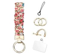 KARENSEKEYS Scrunchie Keychain Wristlet, Key Chain for Car Keys with D Ring, Stretchy Phone Charms with Tether Tab for Women. (White-Pink Flower)