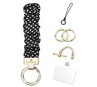 KARENSEKEYS Scrunchie Keychain Wristlet, Key Chain for Car Keys with D Ring, Stretchy Phone Charms with Tether Tab for Women. (Black Polka dots)
