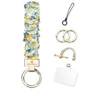 KARENSEKEYS Scrunchie Keychain Wristlet, Key Chain for Car Keys with D Ring, Stretchy Phone Charms with Tether Tab for Women. (Blue-Yellow Flower)