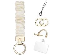 KARENSEKEYS Scrunchie Keychain Wristlet, Key Chain for Car Keys with D Ring, Stretchy Phone Charms with Tether Tab for Women. (White)