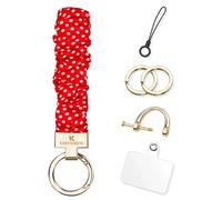 KARENSEKEYS Scrunchie Keychain Wristlet, Key Chain for Car Keys with D Ring, Stretchy Phone Charms with Tether Tab for Women. (Red Polka dots)