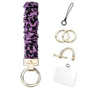 KARENSEKEYS Scrunchie Keychain Wristlet, Key Chain for Car Keys with D Ring, Stretchy Phone Charms with Tether Tab for Women. (Purple Leopard)