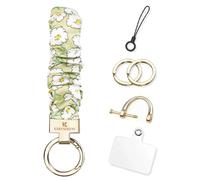 KARENSEKEYS Scrunchie Keychain Wristlet, Key Chain for Car Keys with D Ring, Stretchy Phone Charms with Tether Tab for Women. (Green-White Flower)