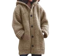 KARFRI Button Hooded Knitted Cardigan, Women's Sweater, Women's Cardigan Lightweight Jacket with Pockets (Khaki,5XL)