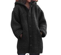 KARFRI Button Hooded Knitted Cardigan, Women's Sweater, Women's Cardigan Lightweight Jacket with Pockets (Black,5XL)