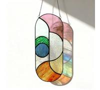 Karhuimoyi Geometric Design Style Suncatchers Stained Glass Window Panel,Beautiful Fairshaped Tiffany Style Stained Glass Window Hanging with Chain (Flowing color)