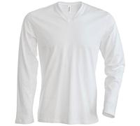 Kariban Mens Slim Fit Long Sleeve V Neck Plain Colours Cotton T-Shirt White