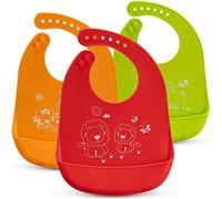 Karids Baby Bibs - 3-Pack Silicone Weaning Bibs - Machine Washable Silicone Bibs for Babies - 7 Adjustable Sizes - Machine Washable - Cute Animal Design and Vibrating Colours - No-Mess Food Pouch
