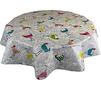Karina Home Chickens Grey Birds Linen Look Wipe Clean Tablecloth Vinyl PVC Table Cover Wipeable Table Cloth (Grey, Round 138cm)