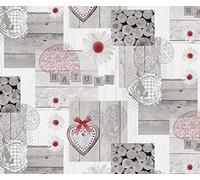 Karina Home Oval Red Grey Love Nature Patchwork Wood Effect Wipe Clean PVC Tablecloth (250cm x 140cm, Oval)