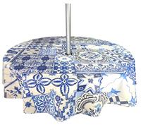 Karina Home Round Wipe Clean Garden Tablecloth with Parasol Umbrella Hole Moroccan Tiles Blue Round 138cm