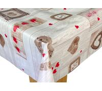 Karina Home Taupe Wood Effect with Red Love Hearts Wipe Clean Tablecloth Vinyl PVC Table Cover Wipeable Table Cloth (200 x 140cm)
