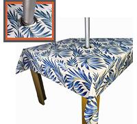 Karina Home Wipe Clean PVC Garden Outdoor Tablecloth Cover with Parasol Umbrella Hole Tropical Beach Palm Leaves Blue Tex 250cm x 140cm