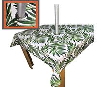 Karina Home Wipe Clean PVC Garden Outdoor Tablecloth Cover with Parasol Umbrella Hole Tropical Beach Palm Leaves Green Tex Round 138cm