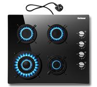 Karinear Gas Hob, 4 Burners Cas Hob with Plug 60cm Glass LPG/NG with Thermocouple Protection